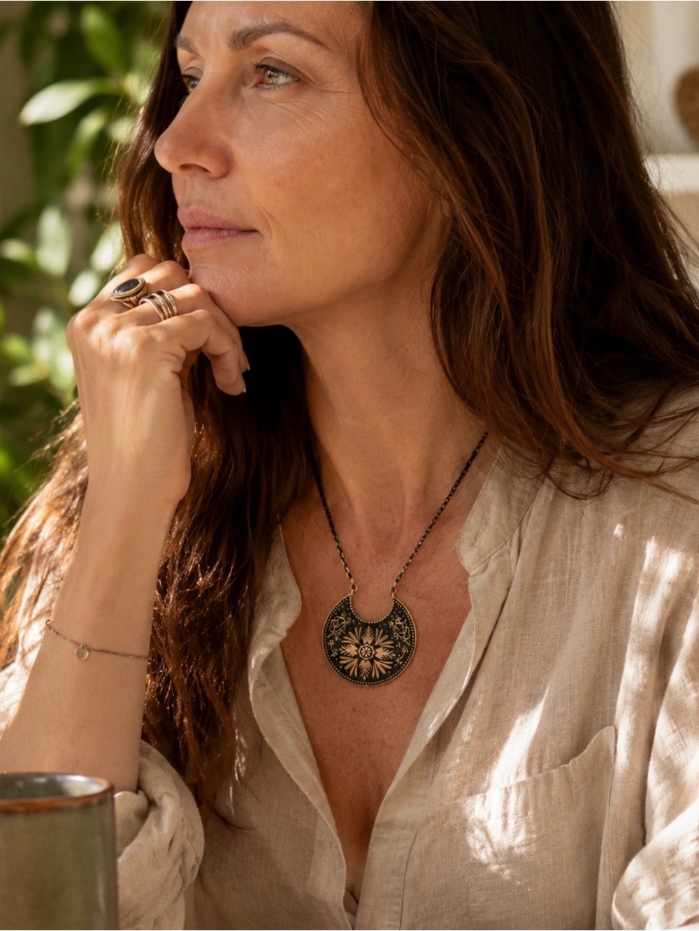 Black Enamel Floral Necklace, Boho Statement Pendant, Antique Gold Jewelry